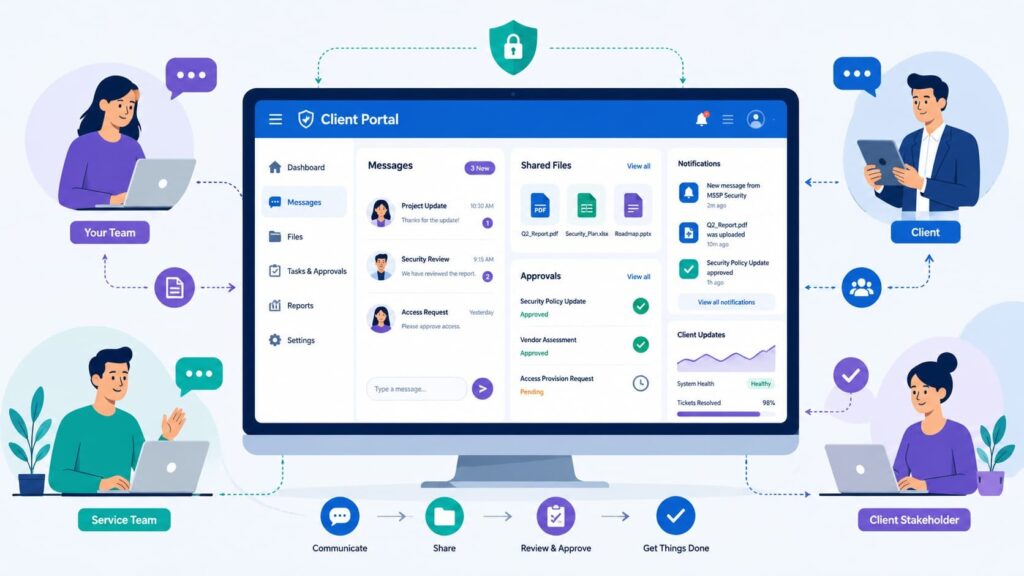 Illustration highlighting client portal communication features like messaging, file sharing, and approvals linking teams with clients.