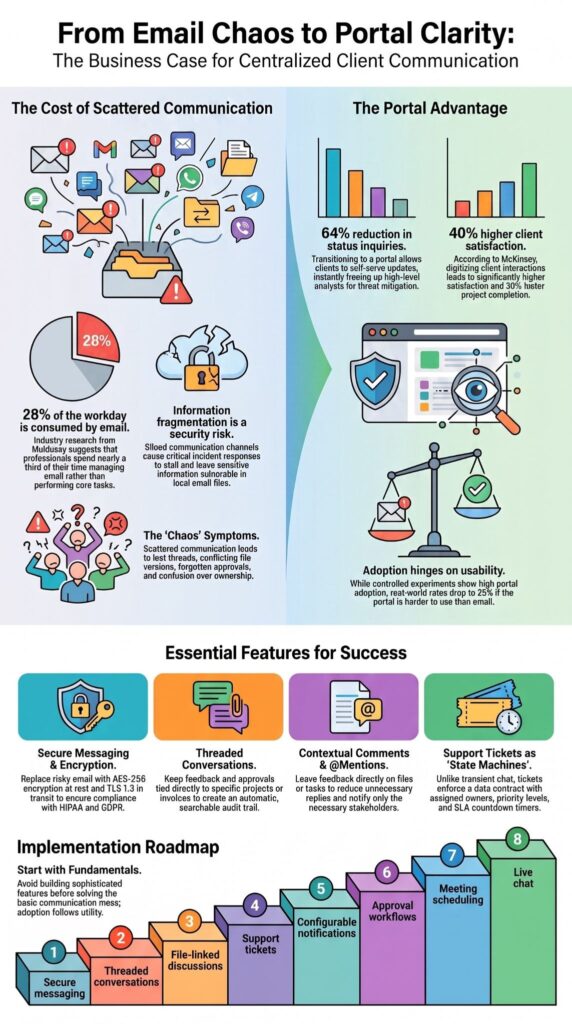 Infographic comparing email chaos to organized client portal communication features, from security to implementation roadmap.