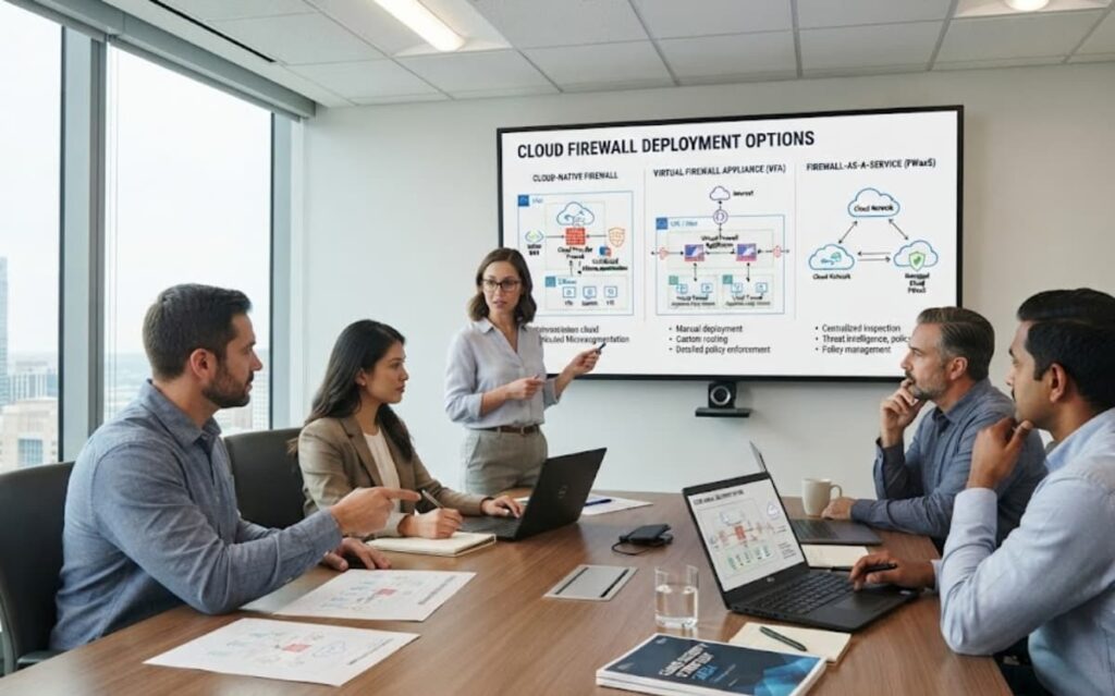 Team reviewing deployment slide comparing virtual firewall cloud security options in a meeting