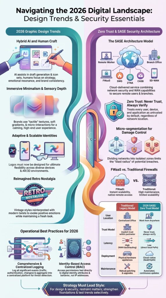 Infographic comparing zero trust and SASE architecture, outlining virtual firewall cloud security options for 2026