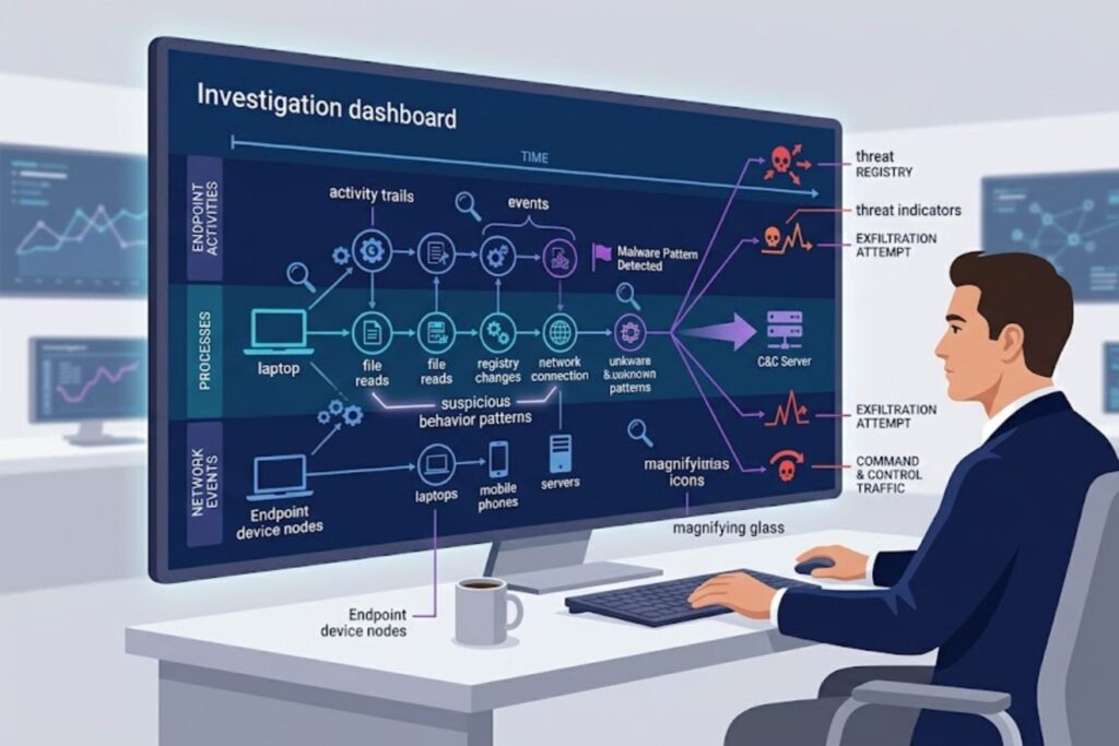 Investigation dashboard mapping endpoint activity, part of a carbon black edr review features breakdown