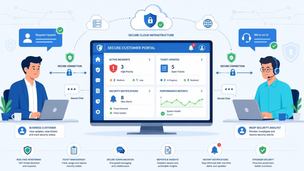 Illustration highlighting features mssp customer portal, including incident tracking, tickets, alerts, and reports.