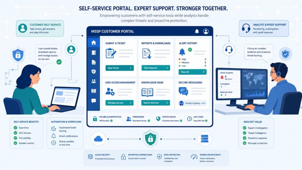 Diagram of features mssp customer portal, covering self-service tools, ticketing, alerts, and analyst support.