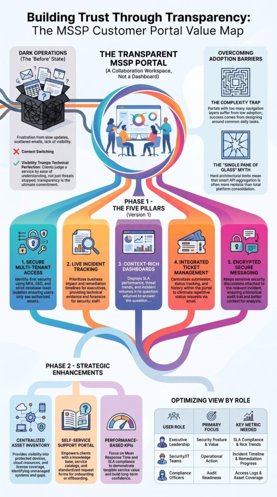 Infographic mapping features mssp customer portal, from five core pillars to role-based dashboard views.