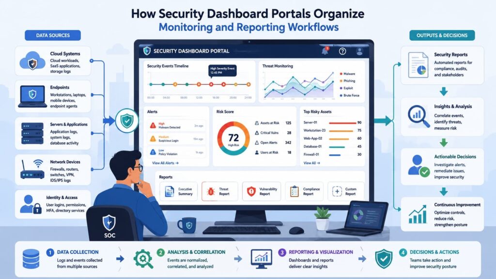 Workflow diagram for accessing security reports dashboards portal, from data sources to insights and actionable decisions.