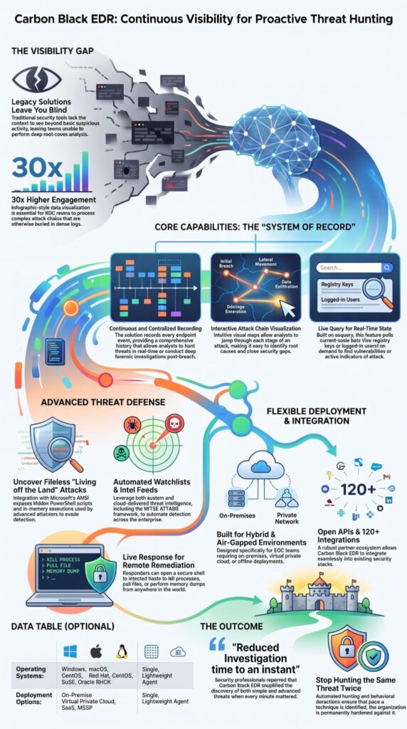 Infographic covering carbon black edr review features from threat hunting to deployment options