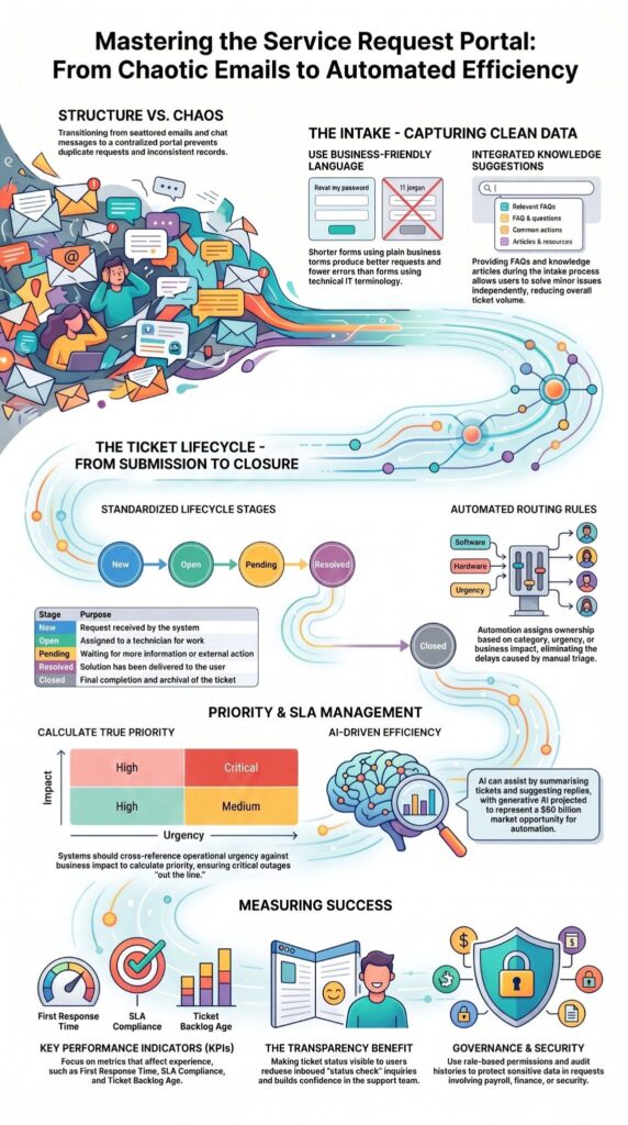 Infographic on managing tickets service requests portal: lifecycle stages, routing, SLA priority, and success metrics.