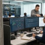 MSSP security team analyzing network monitoring dashboards together in a SOC environment