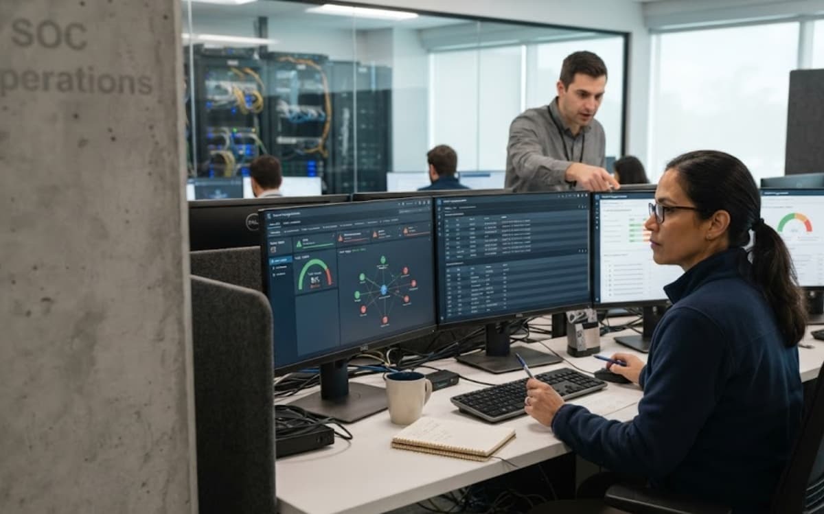 MSSP security team analyzing network monitoring dashboards together in a SOC environment