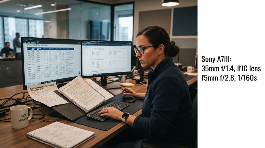 IT security analyst reviewing network configuration dashboards on dual monitors at her desk