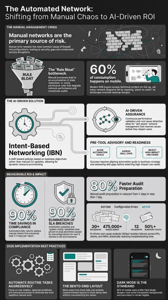 Infographic outlining network automation strategies, common risks, and measurable efficiency gains