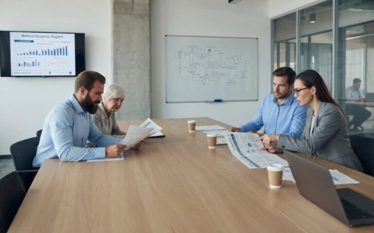 Business team reviewing performance charts and network diagrams together during a strategy meeting