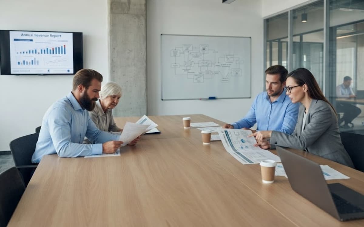 Business team reviewing performance charts and network diagrams together during a strategy meeting