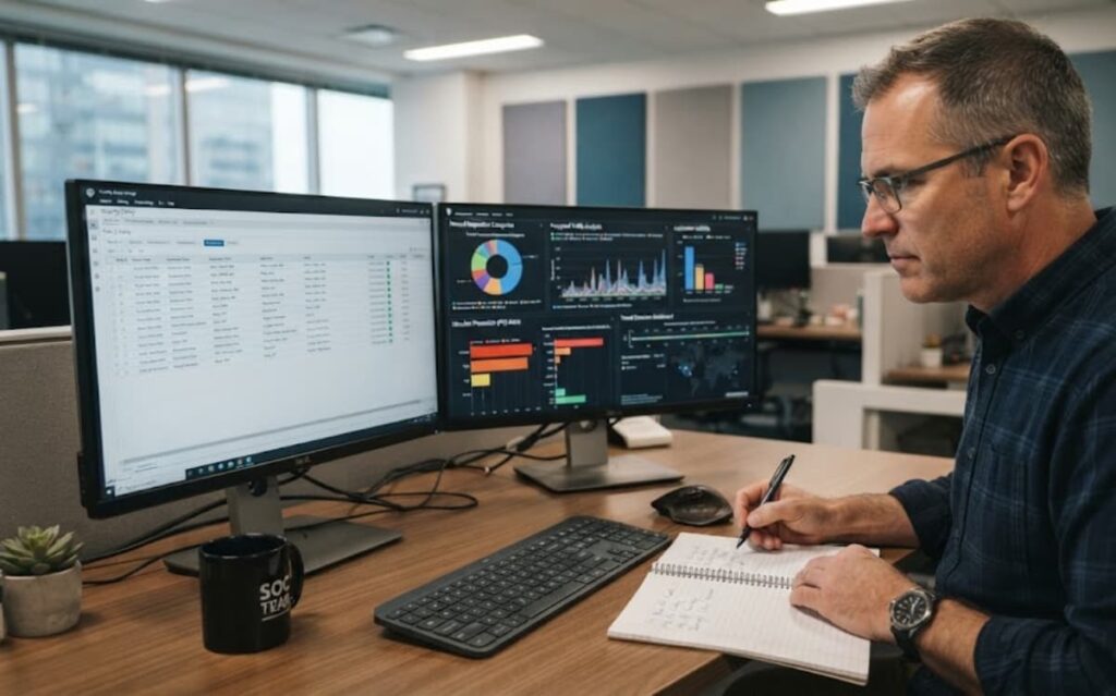 Network administrator reviewing traffic inspection dashboards while taking notes at his workstation