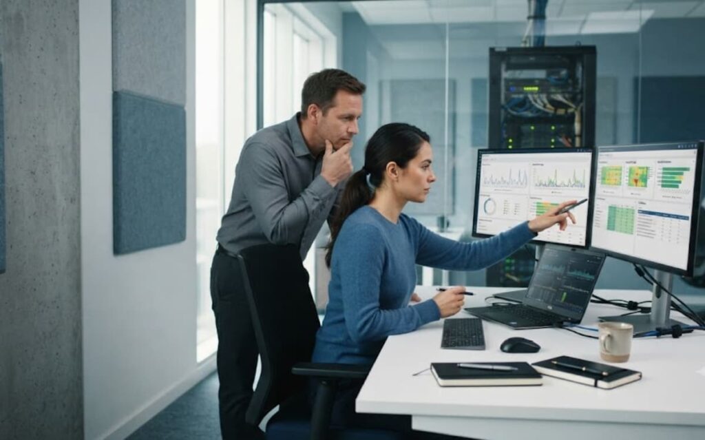 IT professionals analyzing network monitoring dashboards on multiple screens in a data center