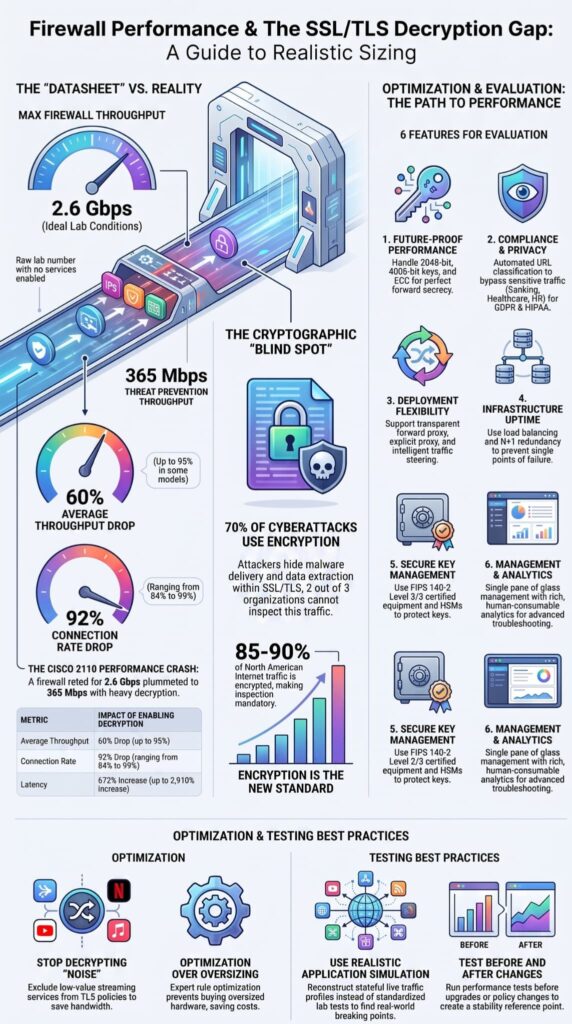 Infographic comparing firewall throughput benchmarks against real-world encrypted traffic performance