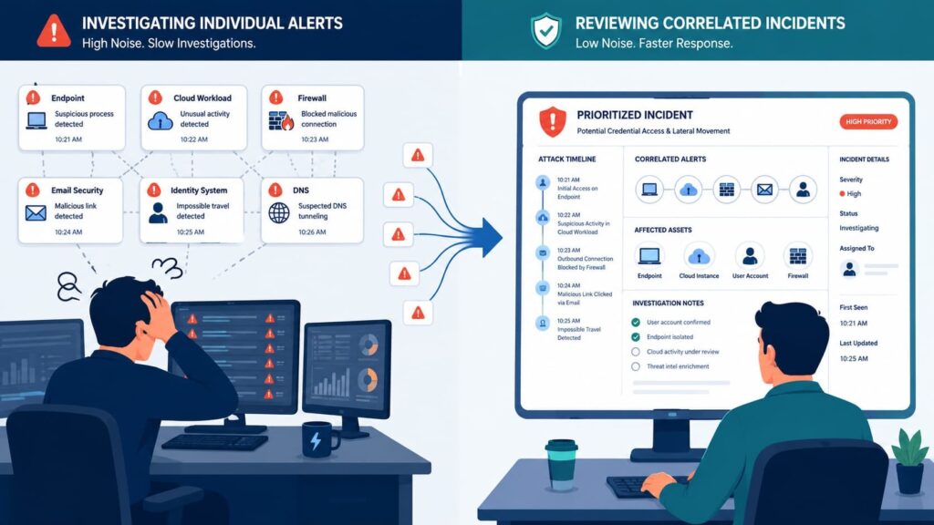 Comparison of scattered alerts versus reviewing security alerts incidents portal for faster, correlated incident response.