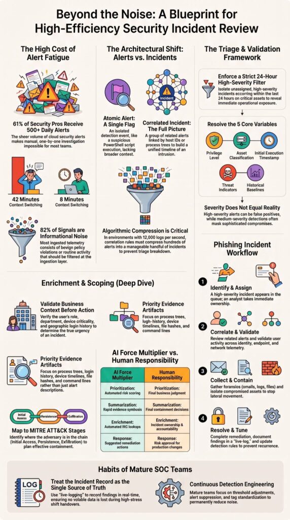 Infographic on reviewing security alerts incidents portal: alert fatigue, triage framework, and SOC team best practices.