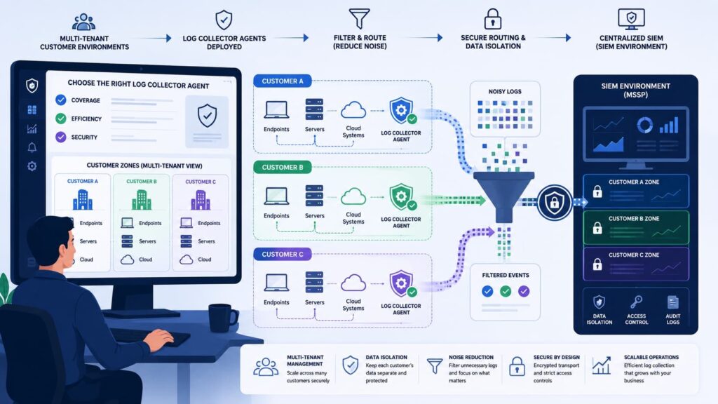Multi-tenant workflow diagram illustrating Log Collector Aggregator Options for secure, centralized SIEM data routing.