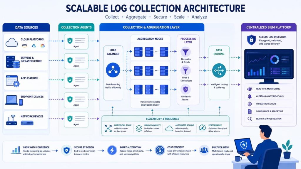 Architecture diagram of Log Collector Aggregator Options showing scalable collection, aggregation, and SIEM routing.