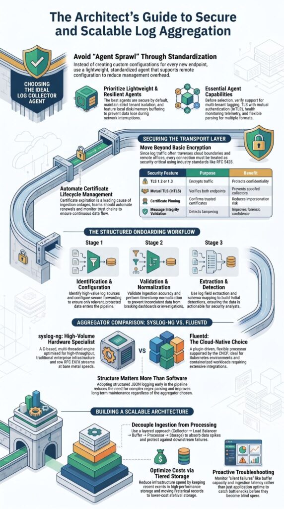 Multi-tenant workflow diagram illustrating Log Collector Aggregator Options for secure, centralized SIEM data routing.
