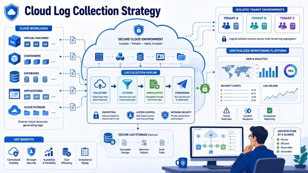 Cloud log strategy for choosing log collector agent mssp, with tenant isolation and centralized monitoring pipeline