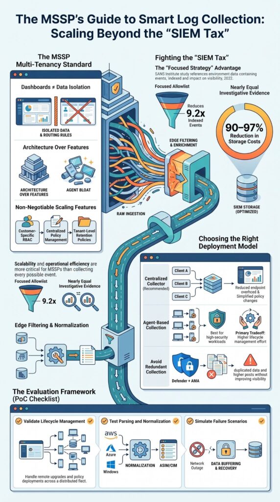 Infographic on choosing log collector agent mssp: filtering pipeline, deployment models, and SIEM cost-reduction workflow