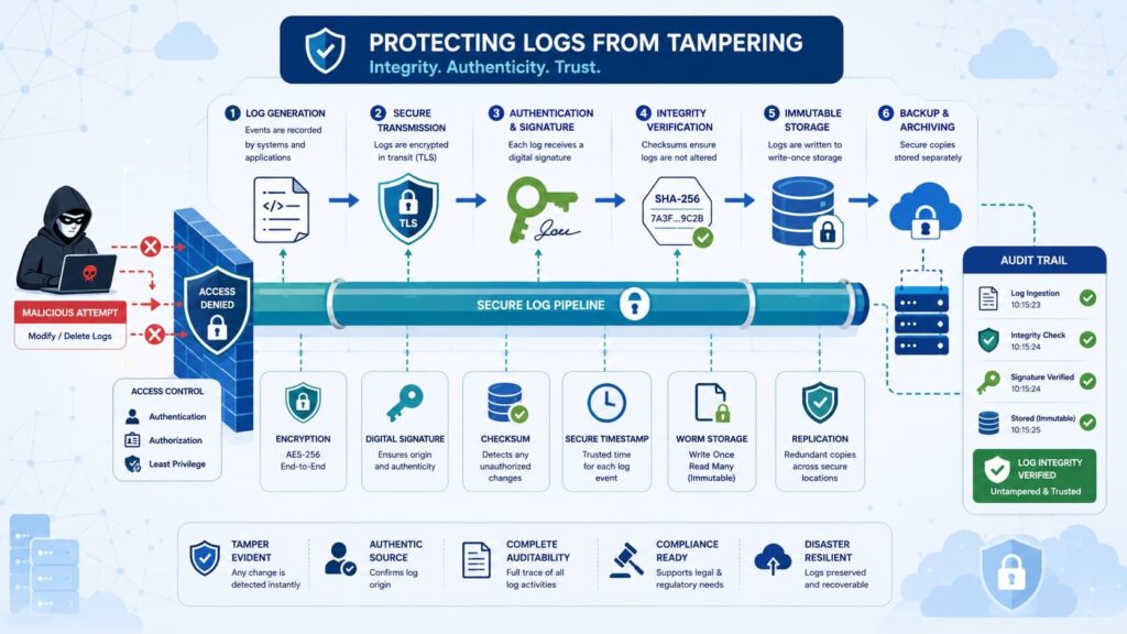 Flowchart on secure log forwarding aggregation methods, covering encryption, signatures, integrity checks, and audit trails.