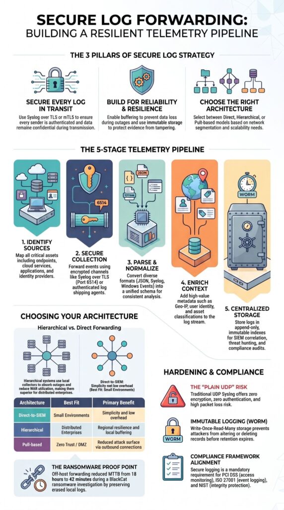 Infographic on secure log forwarding aggregation methods: pipeline stages, architecture types, and compliance hardening tips.