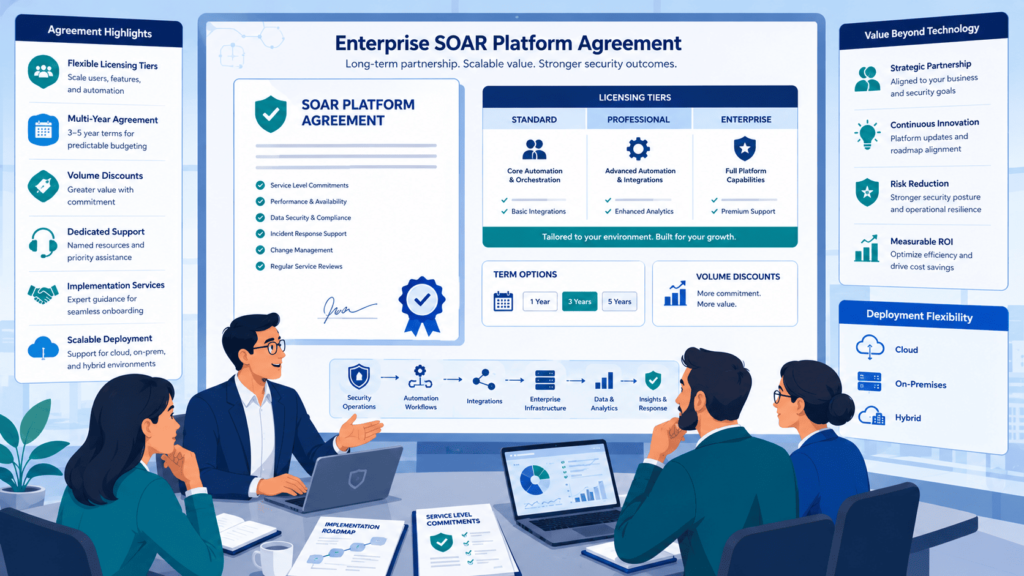 Business professionals reviewing soar platform pricing models in an enterprise licensing agreement discussion