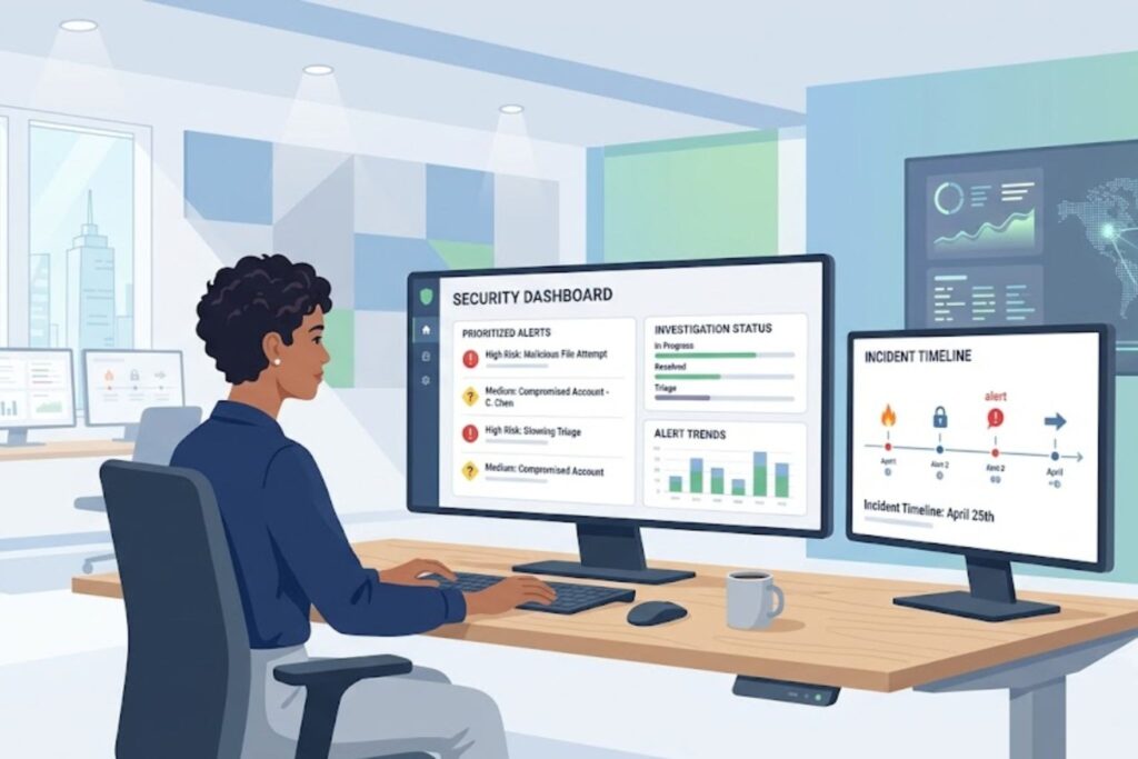Security professional tracking incidents, showcasing microsoft defender for endpoint managed service monitoring