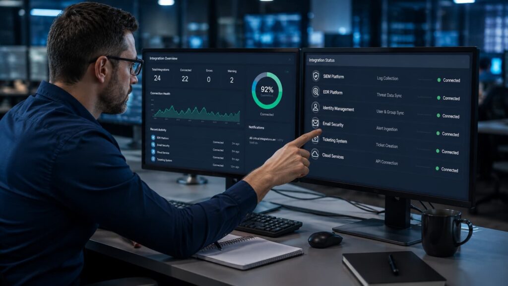 Analyst evaluating SOAR vendor capabilities in Fullerton, reviewing security integration dashboards on dual monitors.