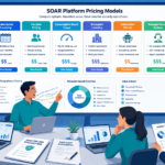 Team comparing soar platform pricing models with charts, ROI graph, and cost breakdown in a meeting
