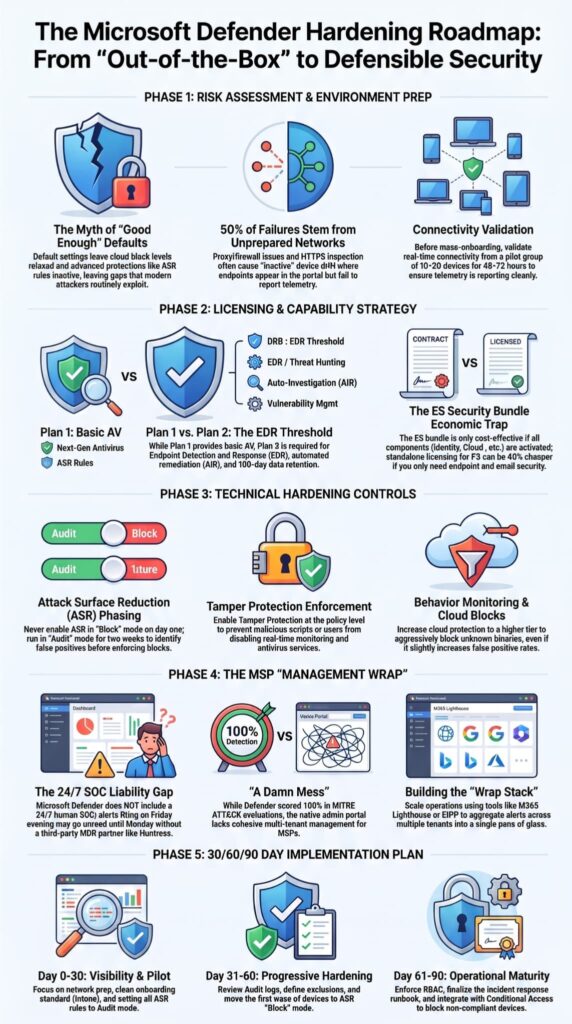 Roadmap infographic outlining phases of microsoft defender for endpoint managed service hardening