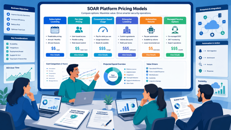 Team comparing soar platform pricing models with charts, ROI graph, and cost breakdown in a meeting