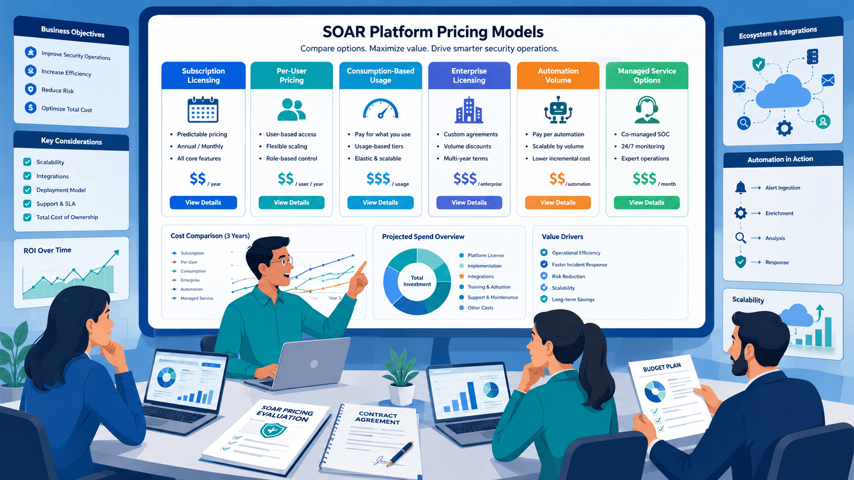 Team comparing soar platform pricing models with charts, ROI graph, and cost breakdown in a meeting