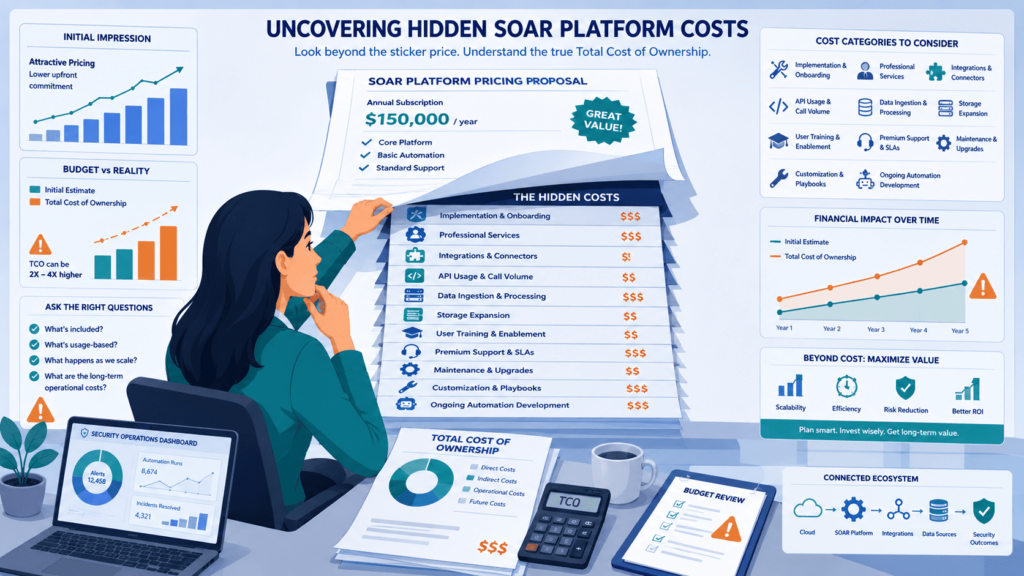 Analyst uncovering hidden costs within soar platform pricing models using charts and a budget review