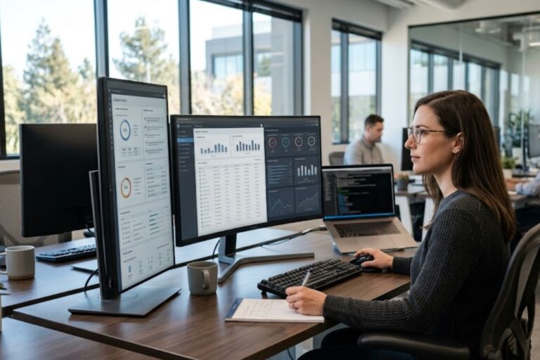 Analyst reviewing dashboards while evaluating endpoint security tools in California office.