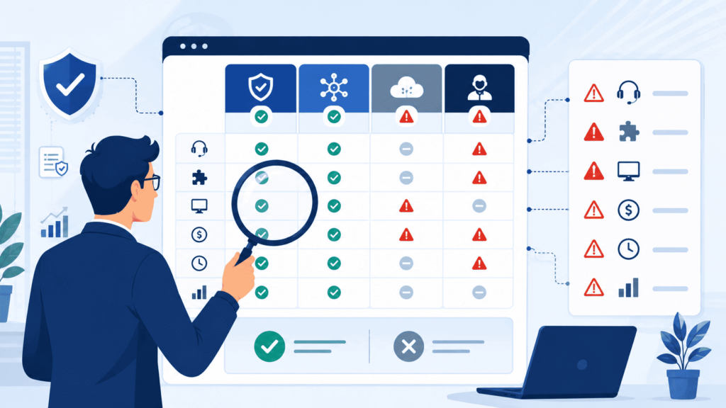 Analyst reviewing a comparison chart with warning icons, key to choosing edr xdr solution provider wisely.