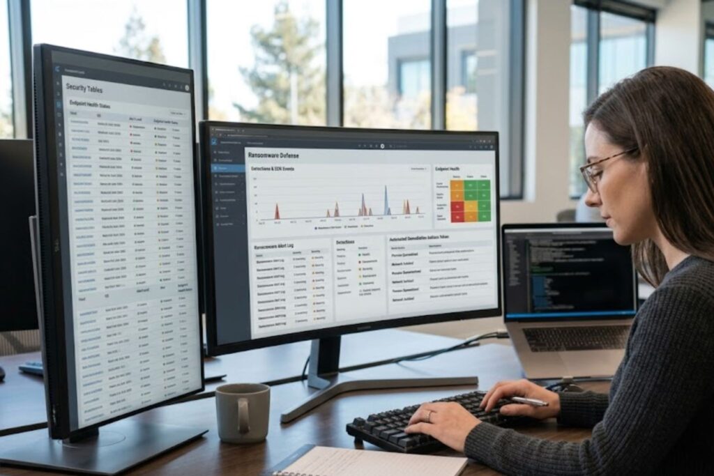 Analyst evaluating endpoint security tools in California using ransomware defense dashboard.