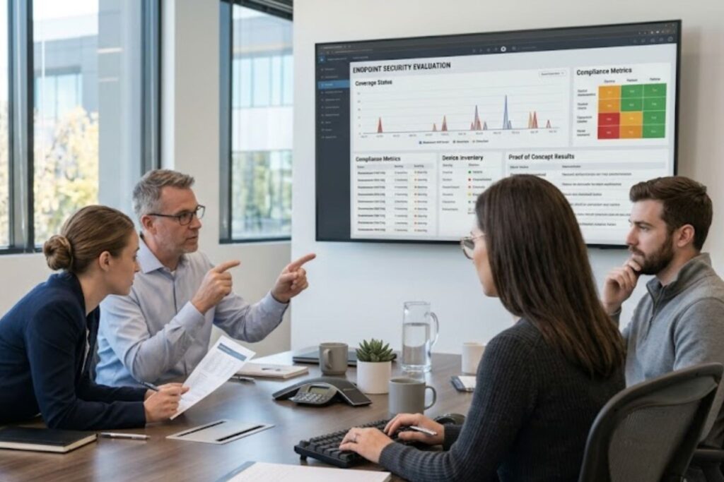 Team evaluating endpoint security tools in California during a compliance meeting.