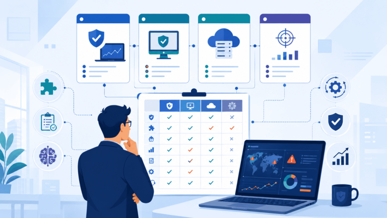 Businessman comparing security platforms on a checklist, illustrating the process of choosing edr xdr solution provider.