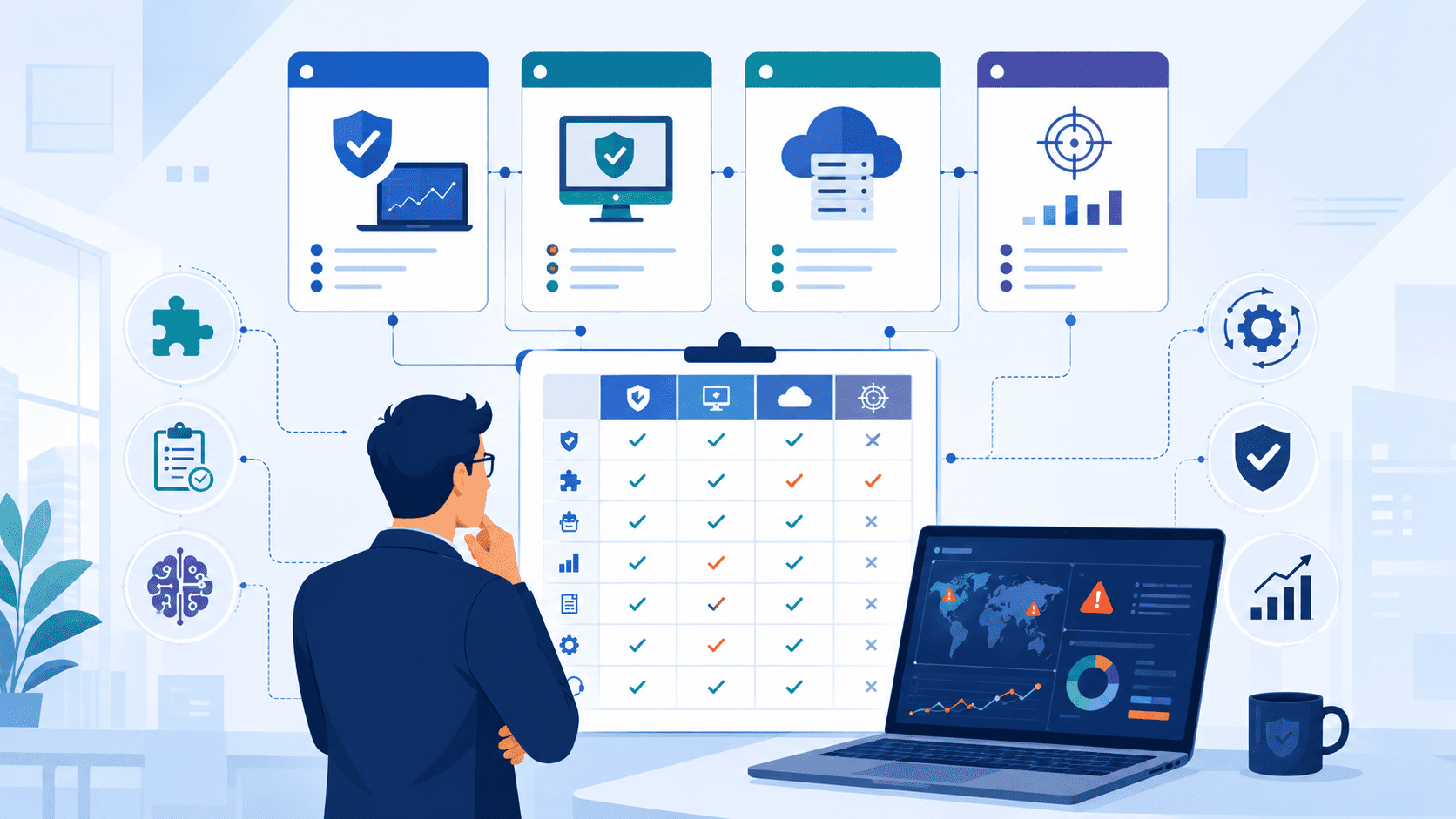 Businessman comparing security platforms on a checklist, illustrating the process of choosing edr xdr solution provider.