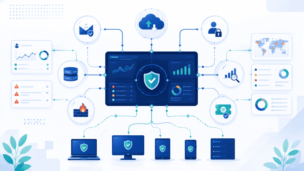 Central security dashboard linked to network icons, representing key factors in choosing edr xdr solution provider.