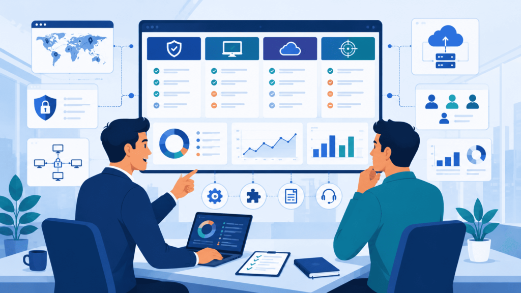 Two professionals discussing security analytics dashboards while choosing edr xdr solution provider for their business.