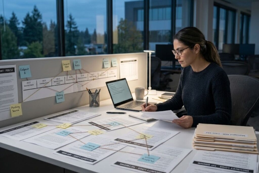 Analyst mapping incident data, showing the benefits managed XDR service adds to investigations.