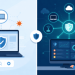 Split screen showing a single protected laptop versus a connected dashboard monitoring multiple devices and threats
