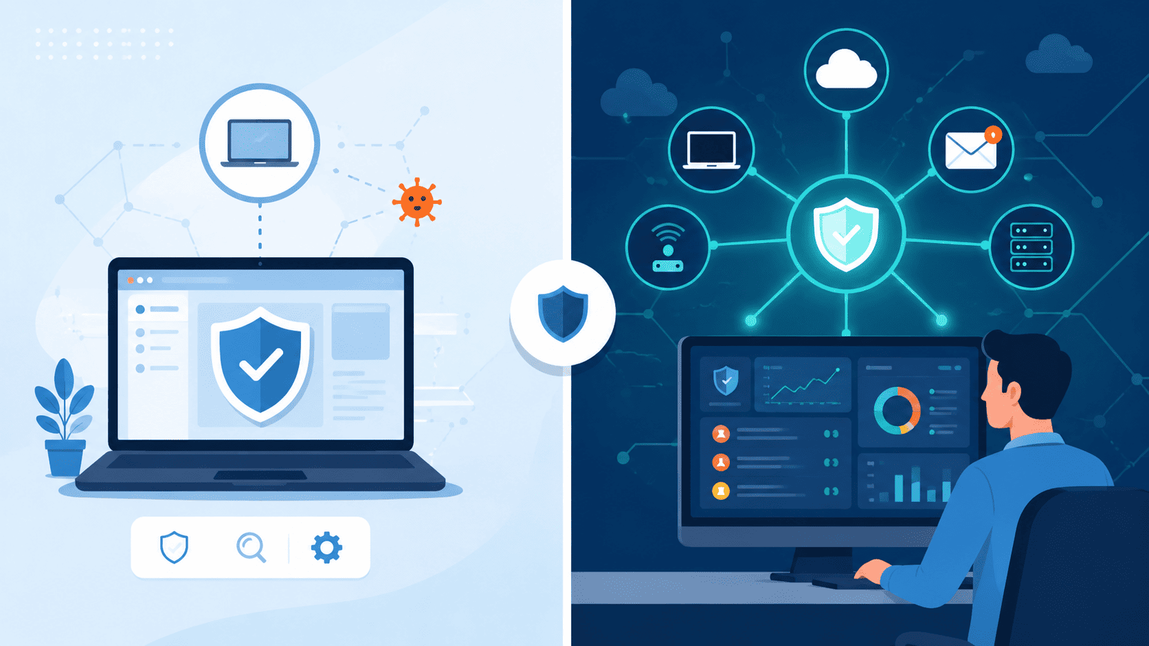 Split screen showing a single protected laptop versus a connected dashboard monitoring multiple devices and threats