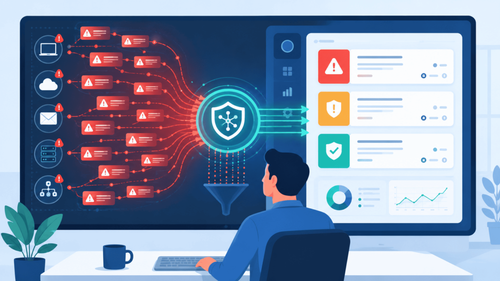 Scattered red security alerts from multiple sources being filtered into an organized dashboard 