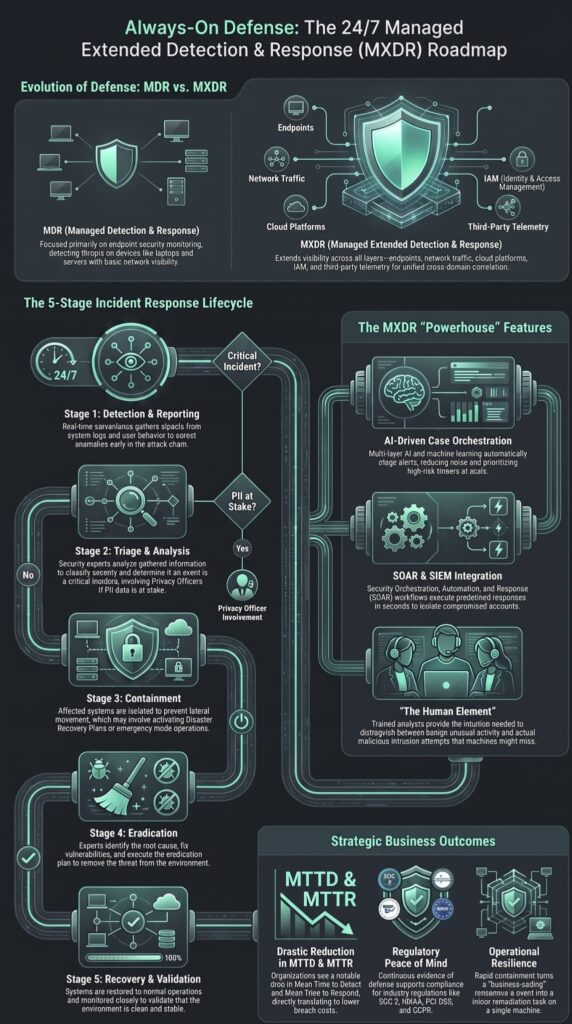 Infographic outlining the benefits managed XDR service offers across a 24/7 response lifecycle.